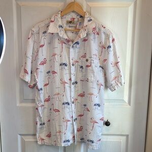 Casual White Short-Sleeve Flamingo Print Button-Down Shirt